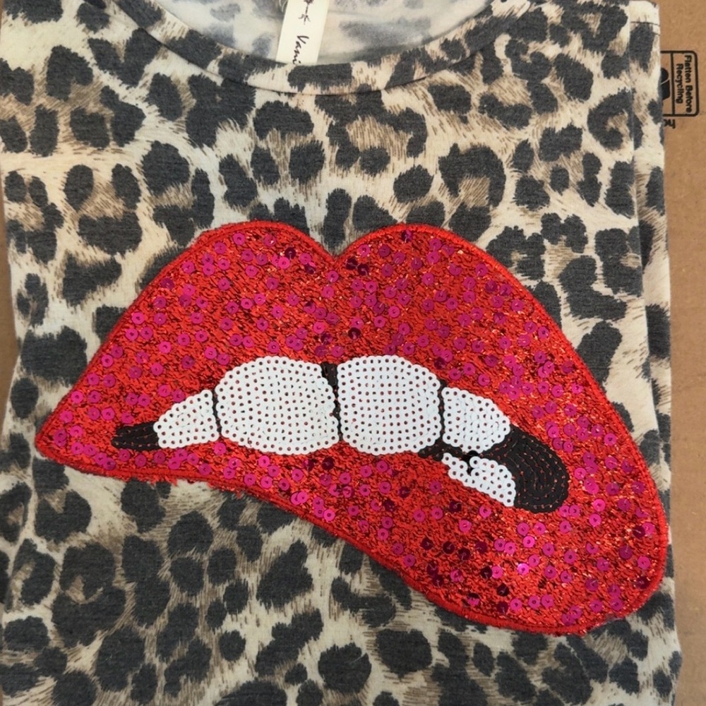 Vanilla Bay Leopard Print Blouse with Red Sequin Lips